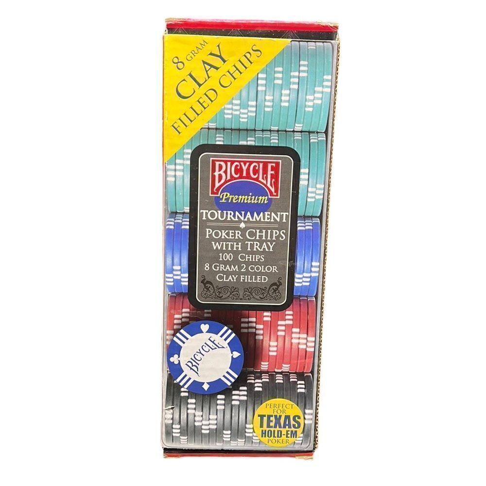 Bicycle Premium Tournament Poker Chips Tray 100 Count 8 Gram Clay Filled NEW